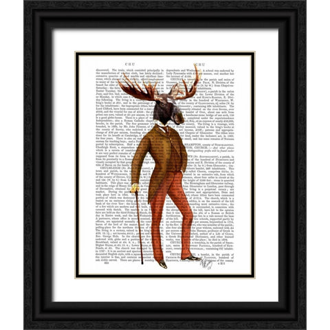 Moose In Suit Full Black Ornate Wood Framed Art Print with Double Matting by Fab Funky