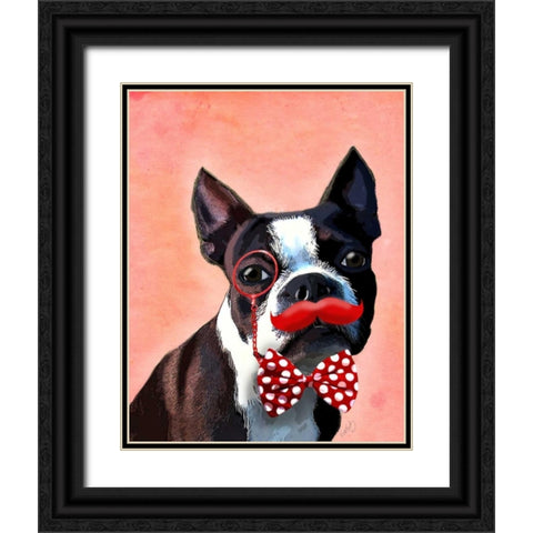 Boston Terrier Portrait with Red Bow Tie and Moustache Black Ornate Wood Framed Art Print with Double Matting by Fab Funky