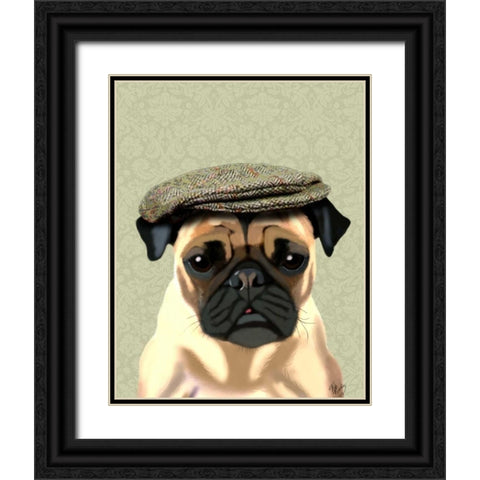 Pug in Flat Cap Black Ornate Wood Framed Art Print with Double Matting by Fab Funky