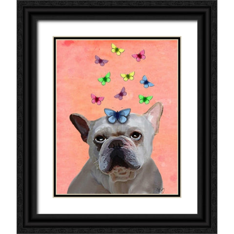 White French Bulldog and Butterflies Black Ornate Wood Framed Art Print with Double Matting by Fab Funky