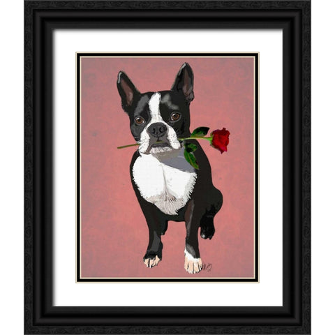 Boston Terrier with Rose in Mouth Black Ornate Wood Framed Art Print with Double Matting by Fab Funky