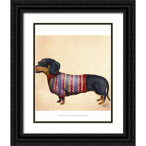 Dachshund With Woolly Sweater Black Ornate Wood Framed Art Print with Double Matting by Fab Funky