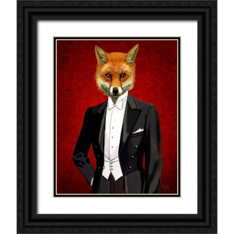 Fox In Evening Suit Portrait Black Ornate Wood Framed Art Print with Double Matting by Fab Funky