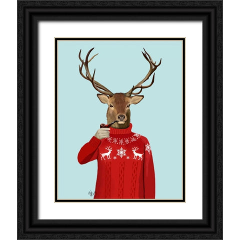 Deer in Ski Sweater Black Ornate Wood Framed Art Print with Double Matting by Fab Funky