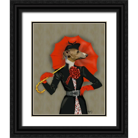Elegant Greyhound and Red Umbrella Black Ornate Wood Framed Art Print with Double Matting by Fab Funky