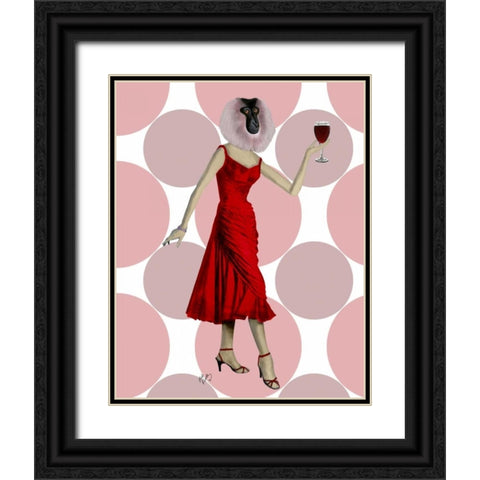 Monkey in Red Dress with wine Black Ornate Wood Framed Art Print with Double Matting by Fab Funky