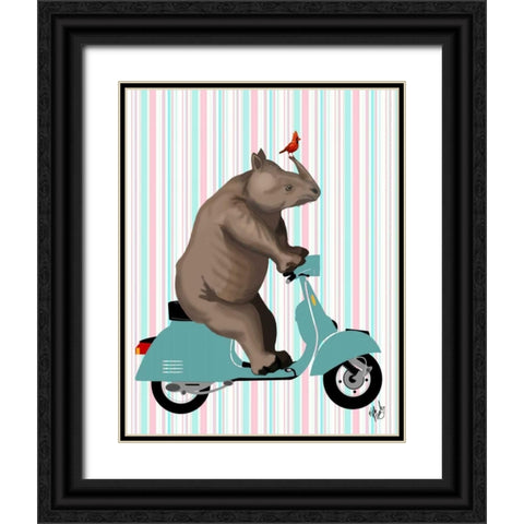 Rhino on Moped Black Ornate Wood Framed Art Print with Double Matting by Fab Funky