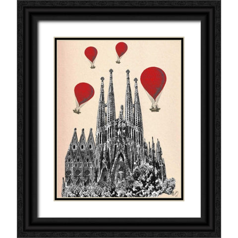 Sagrada Familia and Red Hot Air Balloons Black Ornate Wood Framed Art Print with Double Matting by Fab Funky