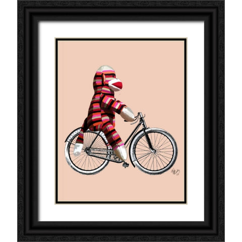 Sock Monkey on Bicycle Black Ornate Wood Framed Art Print with Double Matting by Fab Funky
