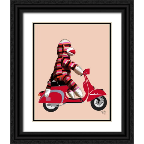 Sock Monkey on Red Moped Black Ornate Wood Framed Art Print with Double Matting by Fab Funky