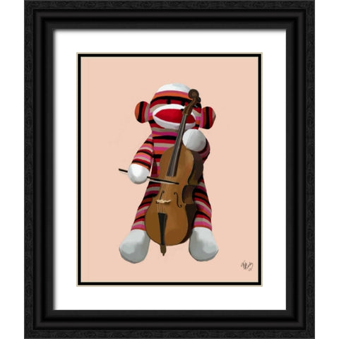 Sock Monkey and Cello Black Ornate Wood Framed Art Print with Double Matting by Fab Funky