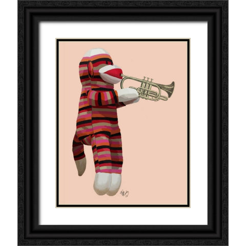 Sock Monkey Playing Trumpet Black Ornate Wood Framed Art Print with Double Matting by Fab Funky