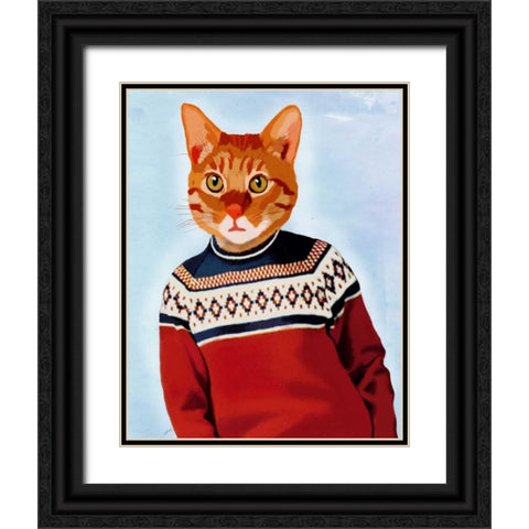 Cat in Ski Sweater Black Ornate Wood Framed Art Print with Double Matting by Fab Funky
