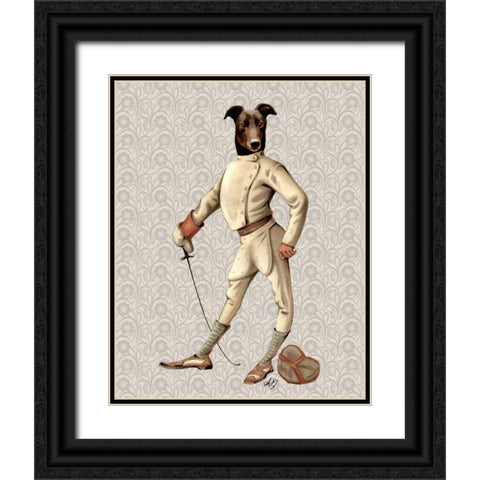 Greyhound Fencer in Cream Full Black Ornate Wood Framed Art Print with Double Matting by Fab Funky
