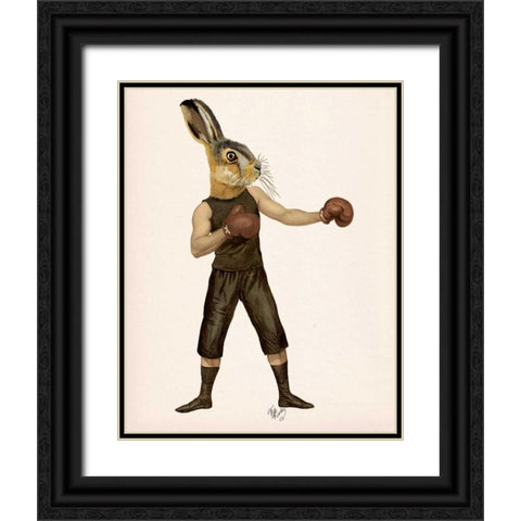 Boxing Hare Black Ornate Wood Framed Art Print with Double Matting by Fab Funky