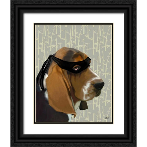 Ninja Basset Hound Dog Black Ornate Wood Framed Art Print with Double Matting by Fab Funky