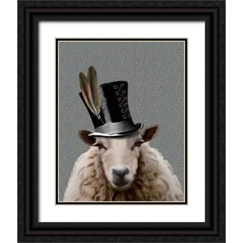 Steampunk Sheep Black Ornate Wood Framed Art Print with Double Matting by Fab Funky
