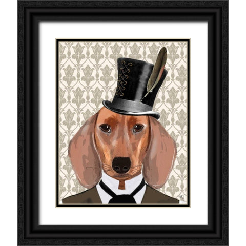 Dachshund Dog With Top Hat Black Ornate Wood Framed Art Print with Double Matting by Fab Funky