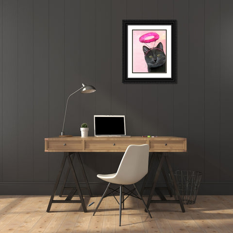 Black Cat With Pink Angel Halo Black Ornate Wood Framed Art Print with Double Matting by Fab Funky
