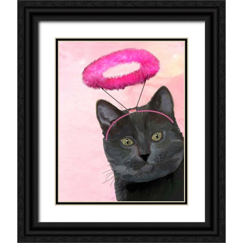 Black Cat With Pink Angel Halo Black Ornate Wood Framed Art Print with Double Matting by Fab Funky