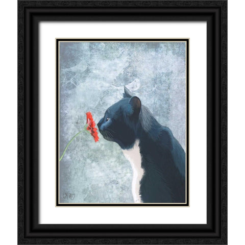 Black Cat Sniffing Flower Black Ornate Wood Framed Art Print with Double Matting by Fab Funky