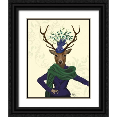 Deer and Fascinator Black Ornate Wood Framed Art Print with Double Matting by Fab Funky