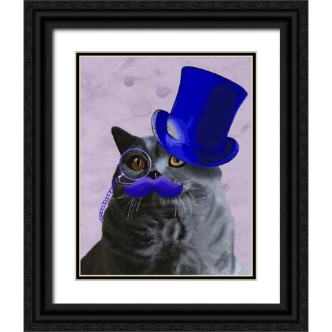 Grey Cat With Blue Top Hat and Moustache Black Ornate Wood Framed Art Print with Double Matting by Fab Funky