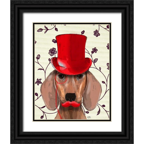 Dachshund With Red Top Hat Black Ornate Wood Framed Art Print with Double Matting by Fab Funky