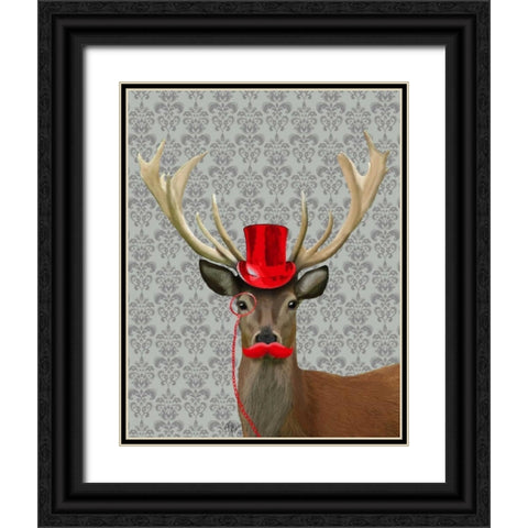 Deer With Red Hat and Moustache Black Ornate Wood Framed Art Print with Double Matting by Fab Funky
