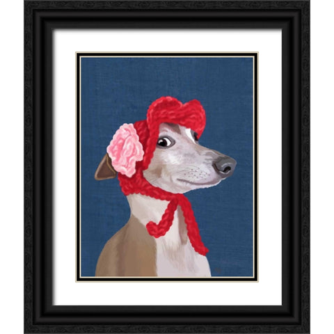 Greyhound with Red Woolly Hat Black Ornate Wood Framed Art Print with Double Matting by Fab Funky