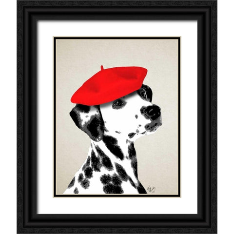 Dalmatian With Red Beret Black Ornate Wood Framed Art Print with Double Matting by Fab Funky