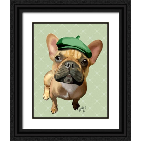 Brown French Bulldog with Green Hat Black Ornate Wood Framed Art Print with Double Matting by Fab Funky