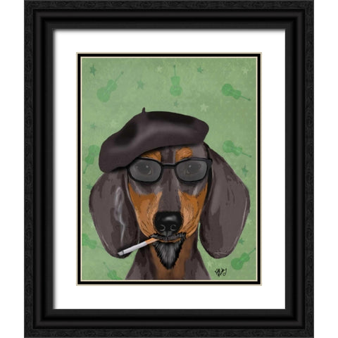 Hipster Dachshund Black Ornate Wood Framed Art Print with Double Matting by Fab Funky