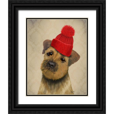 Border Terrier with Red Bobble Hat Black Ornate Wood Framed Art Print with Double Matting by Fab Funky