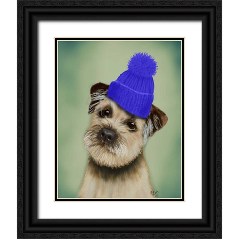 Border Terrier with Blue Bobble Hat Black Ornate Wood Framed Art Print with Double Matting by Fab Funky