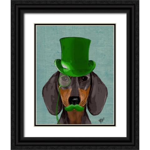 Dachshund with Green Top Hat Black Tan Black Ornate Wood Framed Art Print with Double Matting by Fab Funky