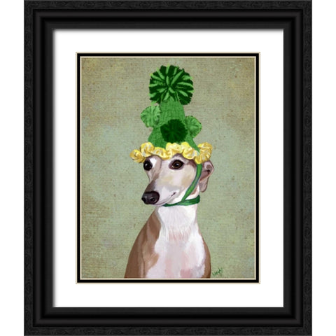Greyhound in Green Knitted Hat Black Ornate Wood Framed Art Print with Double Matting by Fab Funky