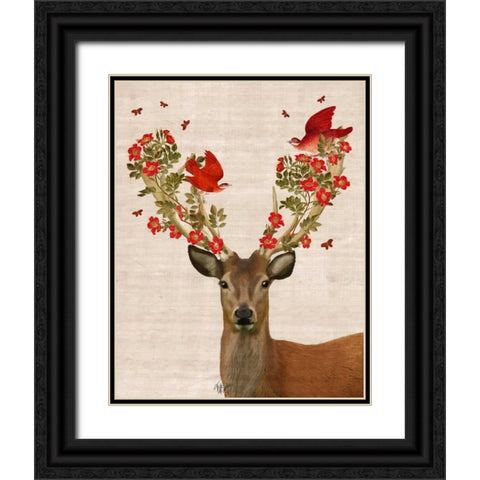 Deer and Love Birds Black Ornate Wood Framed Art Print with Double Matting by Fab Funky