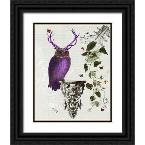 Purple Owl With Antlers Black Ornate Wood Framed Art Print with Double Matting by Fab Funky