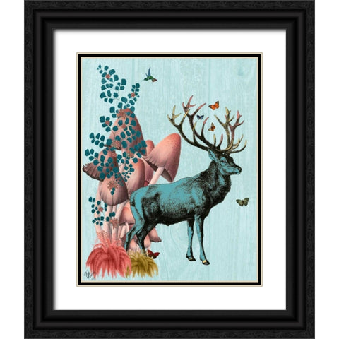 Turquoise Deer in Mushroom Forest Black Ornate Wood Framed Art Print with Double Matting by Fab Funky