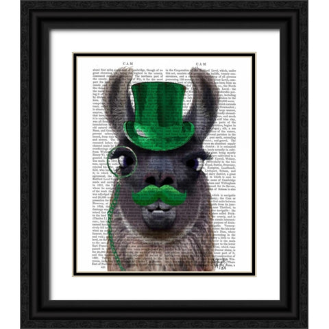 Llama With Green Top Hat and Moustache Black Ornate Wood Framed Art Print with Double Matting by Fab Funky