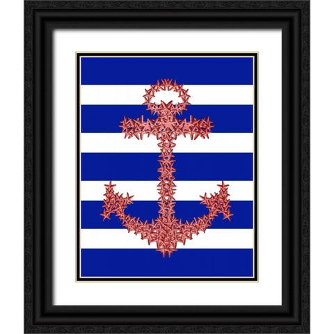 Red Starfish Anchor on Blue and White Black Ornate Wood Framed Art Print with Double Matting by Fab Funky