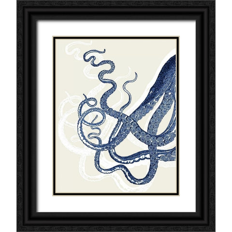 Octopus Print Blue on Cream a Black Ornate Wood Framed Art Print with Double Matting by Fab Funky