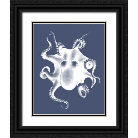 White Octopus on Indigo Blue d Black Ornate Wood Framed Art Print with Double Matting by Fab Funky