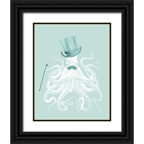 White Octopus on Seafoam b Black Ornate Wood Framed Art Print with Double Matting by Fab Funky