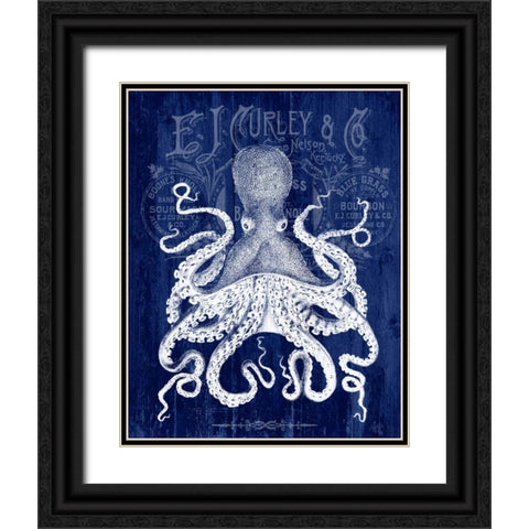 Octopus Prohibition Octopus On Blue Black Ornate Wood Framed Art Print with Double Matting by Fab Funky