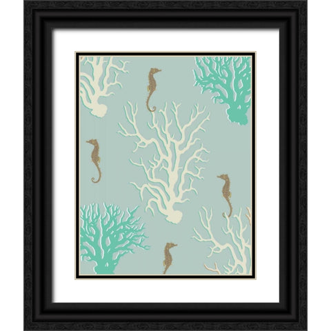 Coral and Seahorse in Seafoam Black Ornate Wood Framed Art Print with Double Matting by Fab Funky
