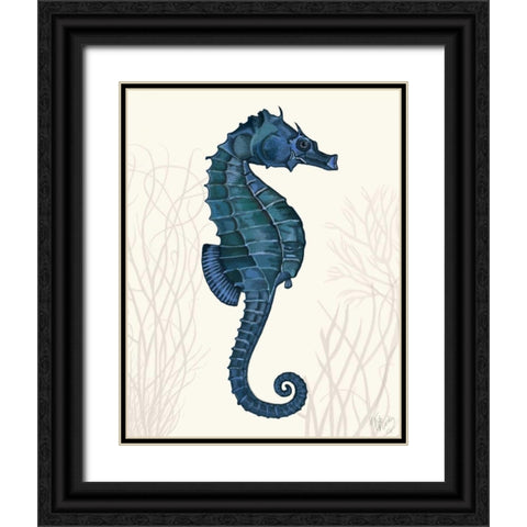 Blue Seahorses on Cream a Black Ornate Wood Framed Art Print with Double Matting by Fab Funky