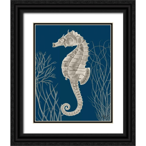 Silver Grey Seahorses on Blueb Black Ornate Wood Framed Art Print with Double Matting by Fab Funky