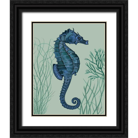 Blue Seahorses on Light Green Sage a Black Ornate Wood Framed Art Print with Double Matting by Fab Funky